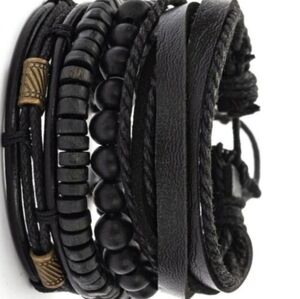 MENS Boho Beaded Leather Black Bracelet Set NEW 2 pieces in package NWT